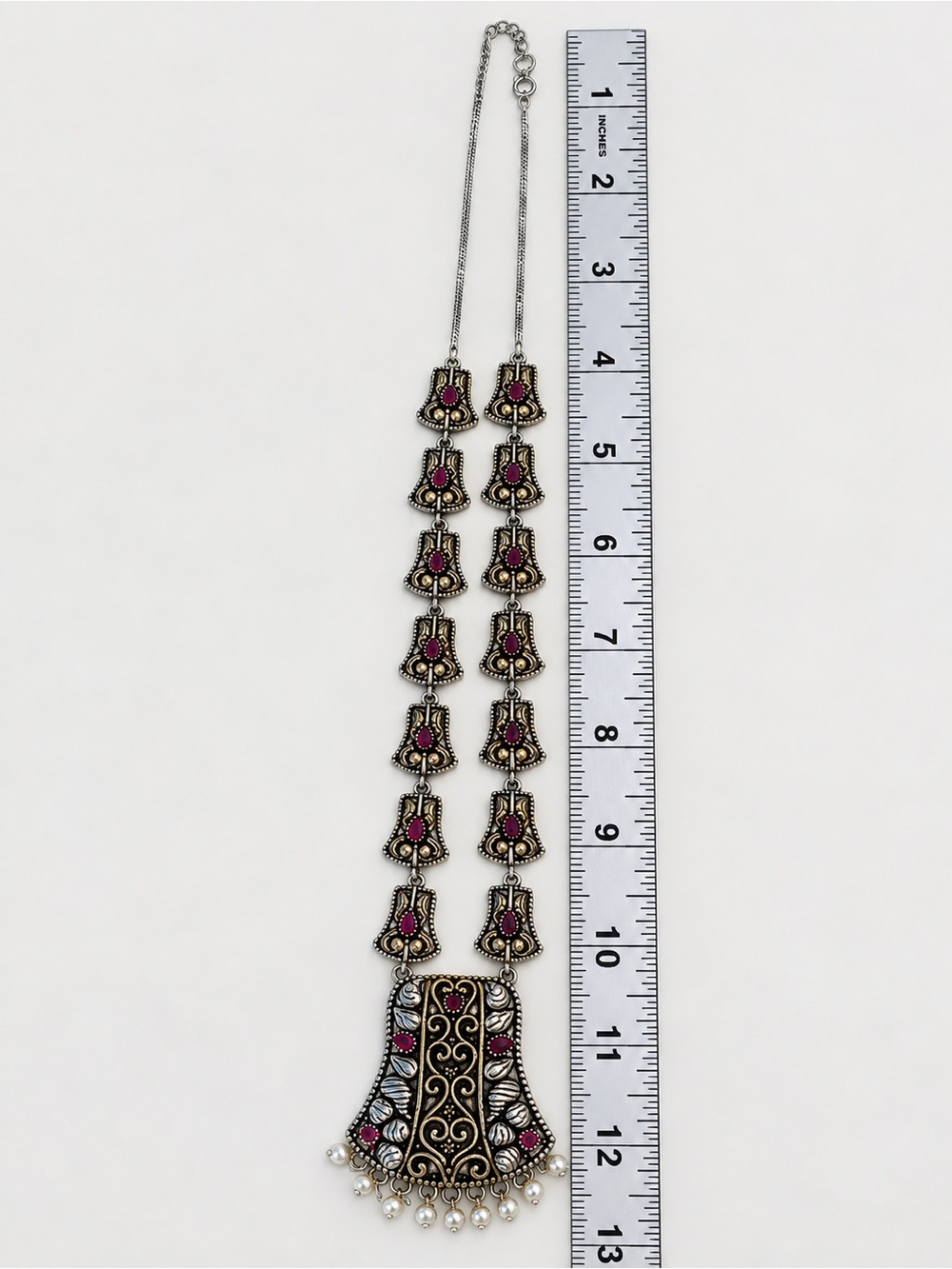 Vintage Style Indian Jhumka Necklace & Earrings Set Oxidized Silver Gold Tone Pi - Picture 5 of 10